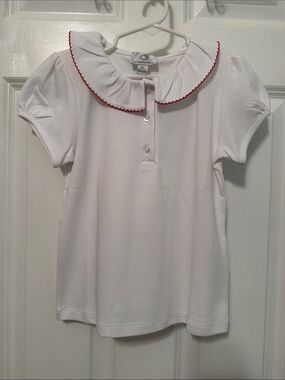 The Proper Peony Girls' White Blouse with Red Picot Trim Collar Sz 6